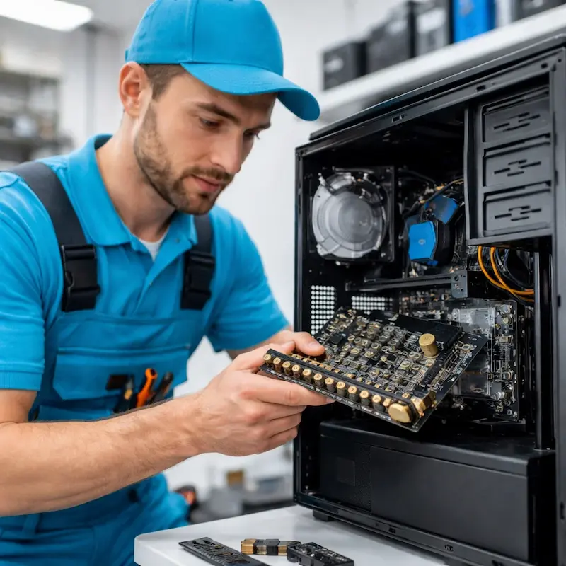 Мастер устанавливает звуковую карту на ПК в Пскове